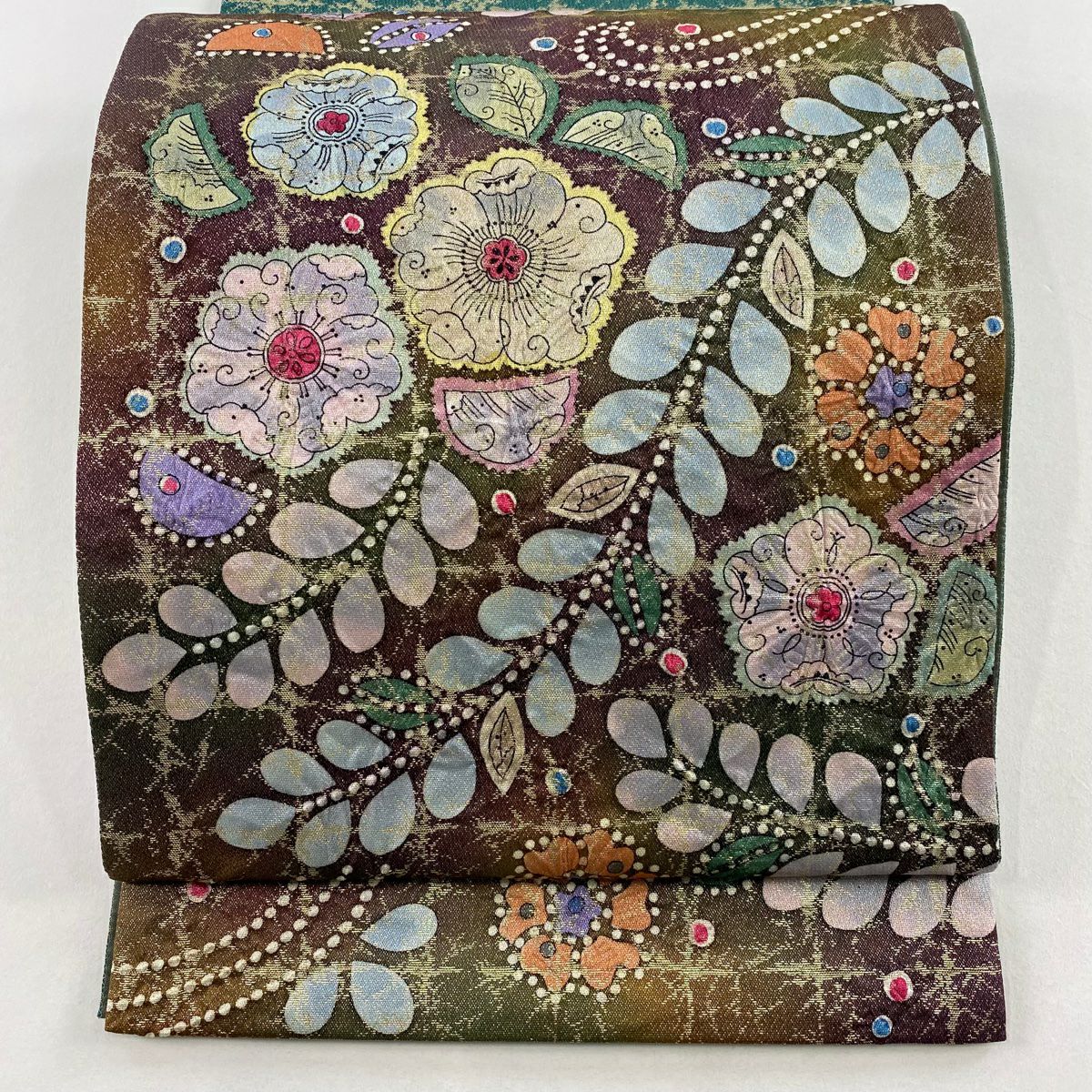 【美品】 袋帶 名品級 附有落款 辻花染 金絲 金金箔 綠色 大鼓圖案 純蠶絲