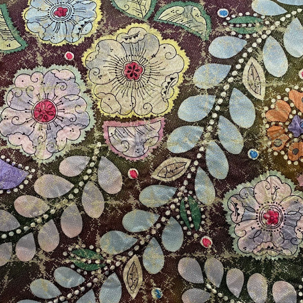 【美品】 袋帶 名品級 附有落款 辻花染 金絲 金金箔 綠色 大鼓圖案 純蠶絲