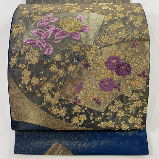 袋帶 名品級 帝王紫 落款 清薫賀祥末廣文 松樹竹子梅花 金糸 金金箔 深藍色 大鼓圖案 純蠶絲
