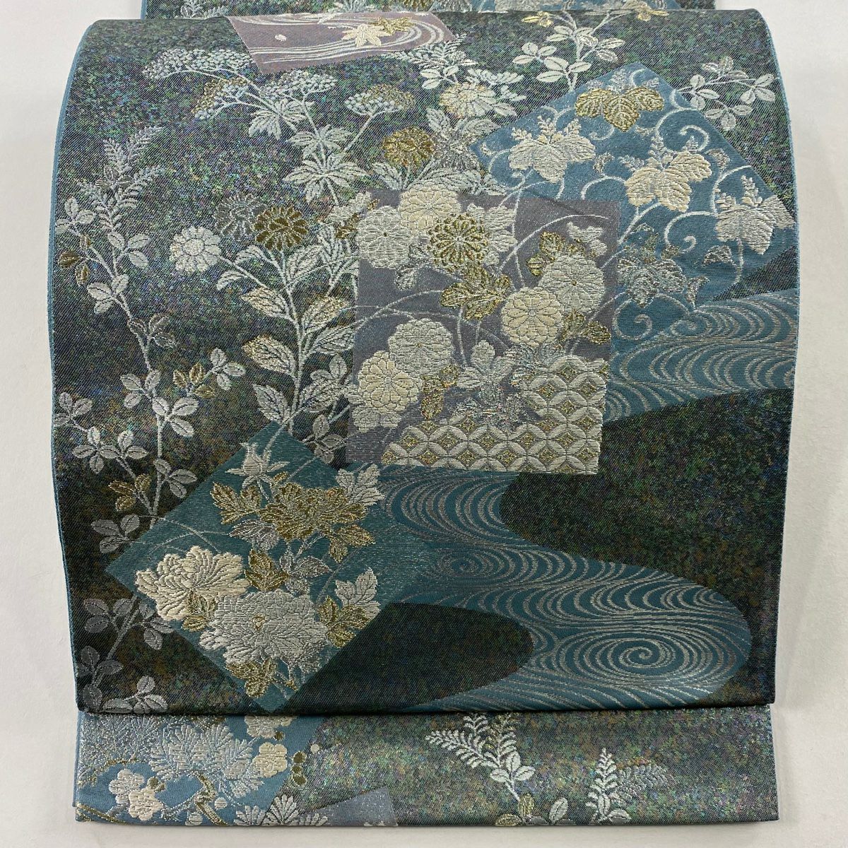 【美品】 袋帶 名品級 じゅらく 落款あり 色紙 草花紋 金銀彩 金金箔 青灰 深藍色 六通 純蠶絲