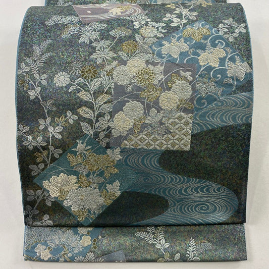 【美品】 袋帶 名品級 じゅらく 落款あり 色紙 草花紋 金銀彩 金金箔 青灰 深藍色 六通 純蠶絲