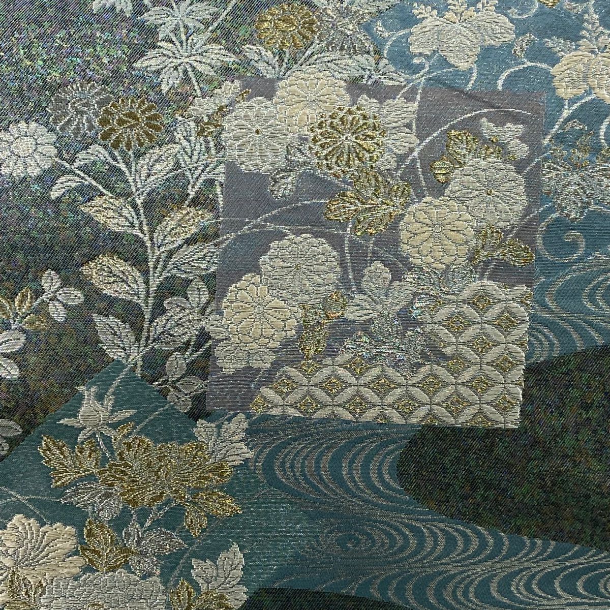 【美品】 袋帶 名品級 じゅらく 落款あり 色紙 草花紋 金銀彩 金金箔 青灰 深藍色 六通 純蠶絲
