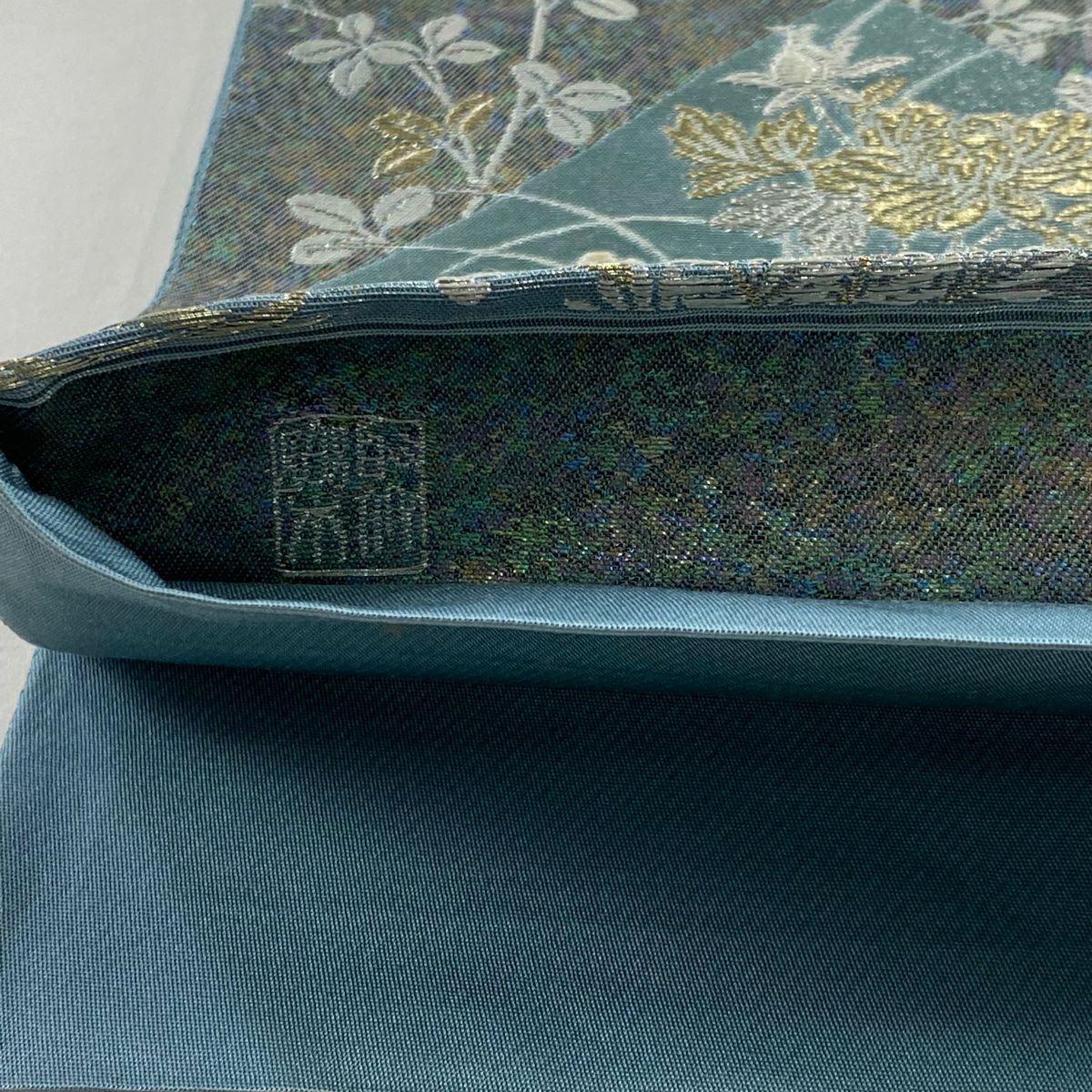 【美品】 袋帶 名品級 じゅらく 落款あり 色紙 草花紋 金銀彩 金金箔 青灰 深藍色 六通 純蠶絲