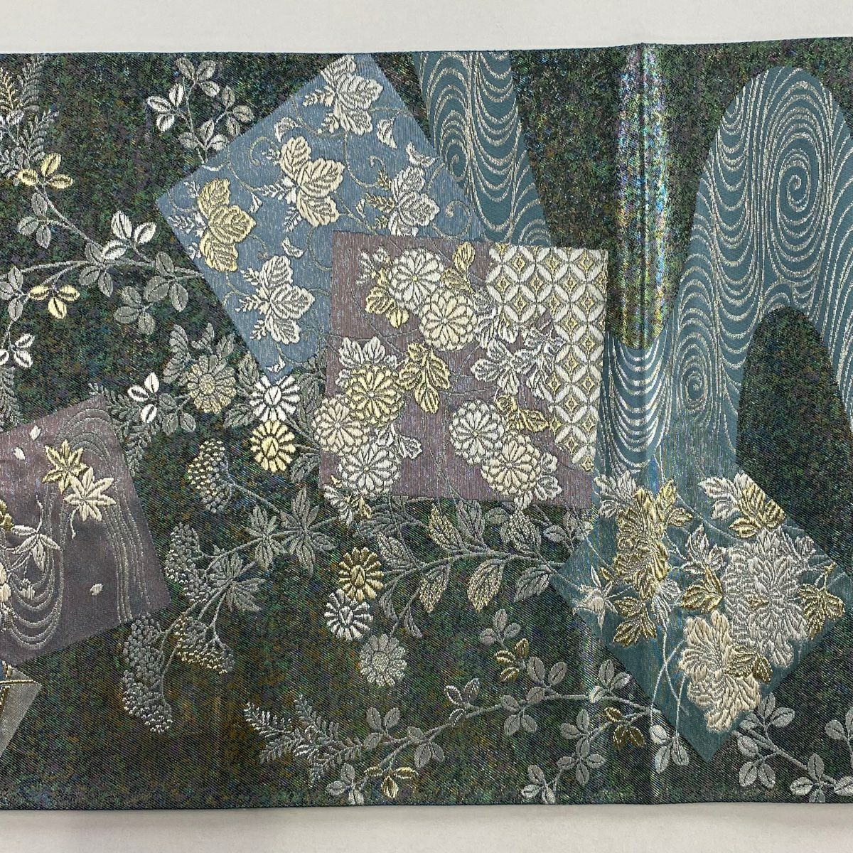 【美品】 袋帶 名品級 じゅらく 落款あり 色紙 草花紋 金銀彩 金金箔 青灰 深藍色 六通 純蠶絲