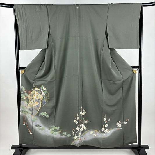 色留袖禮服 身長157cm 袖長66cm M 雙層 菊花 若松樹 刺繡 金糸 灰綠 純蠶絲 秀品級 一つ紋