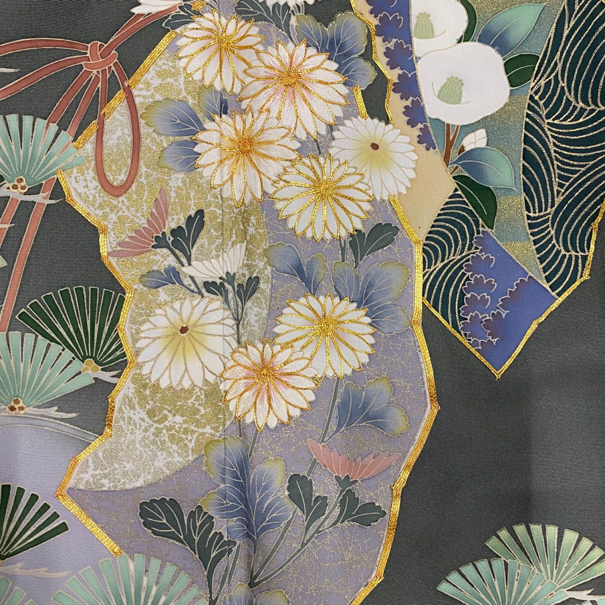 色留袖禮服 身長157cm 袖長66cm M 雙層 菊花 若松樹 刺繡 金糸 灰綠 純蠶絲 秀品級 一つ紋