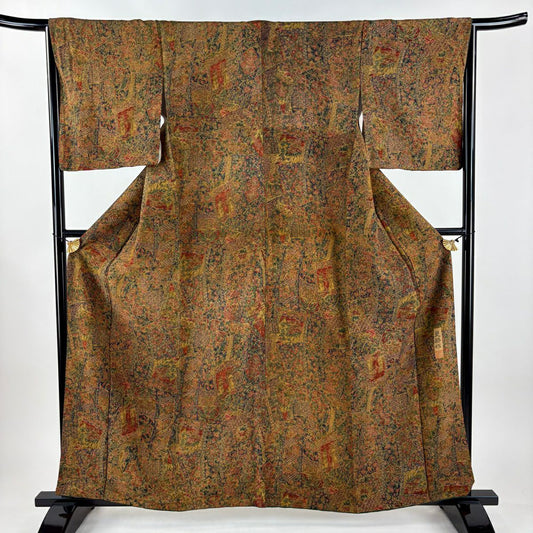 【美品】 小紋 身長160.5cm 袖長64.5cm M 雙層 更勝 落款あり 草花紋紋 建物 茶 純蠶絲 秀品級