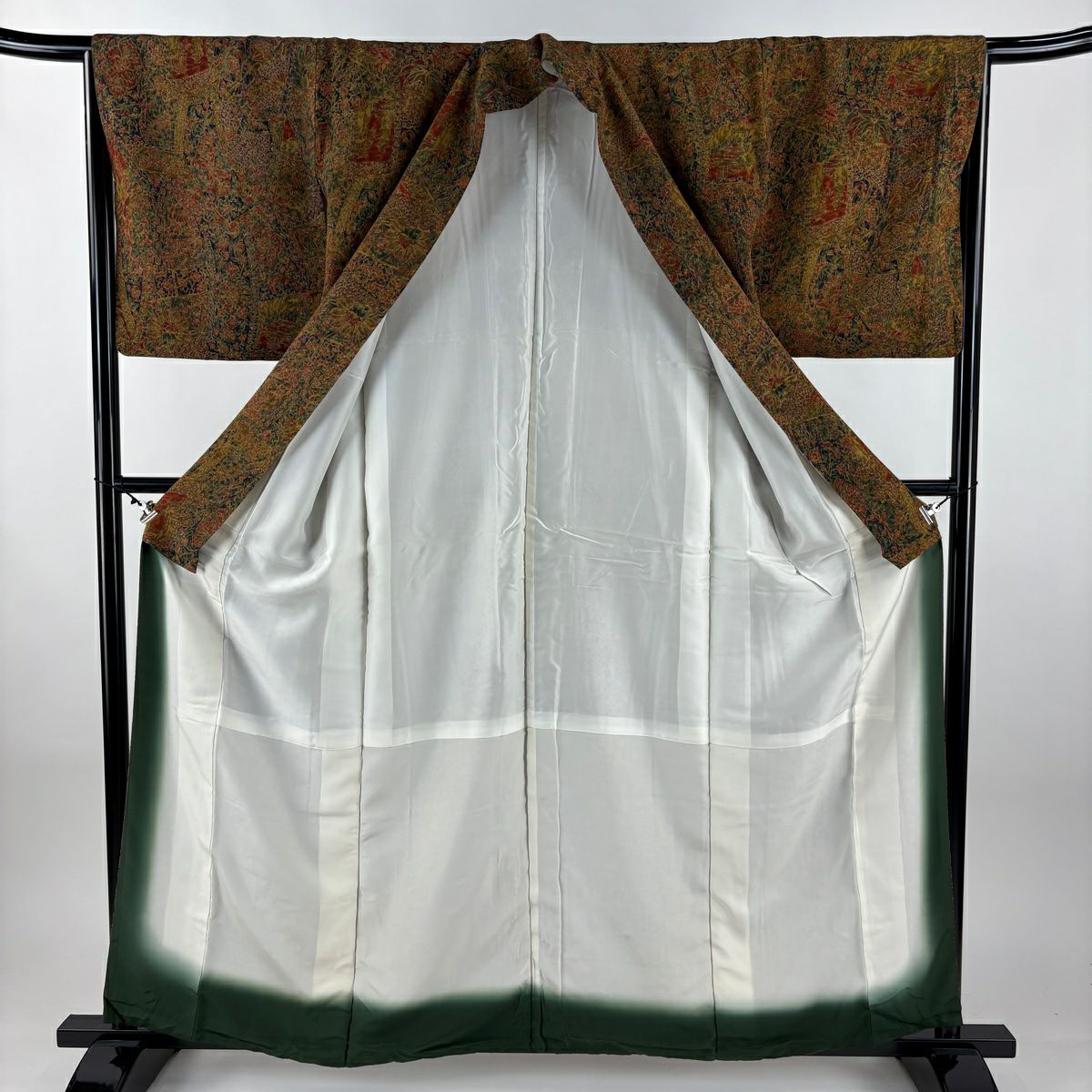 【美品】 小紋 身長160.5cm 袖長64.5cm M 雙層 更勝 落款あり 草花紋紋 建物 茶 純蠶絲 秀品級