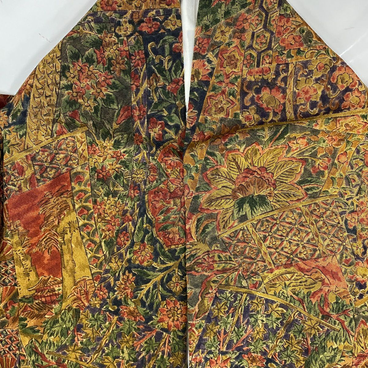 【美品】 小紋 身長160.5cm 袖長64.5cm M 雙層 更勝 落款あり 草花紋紋 建物 茶 純蠶絲 秀品級