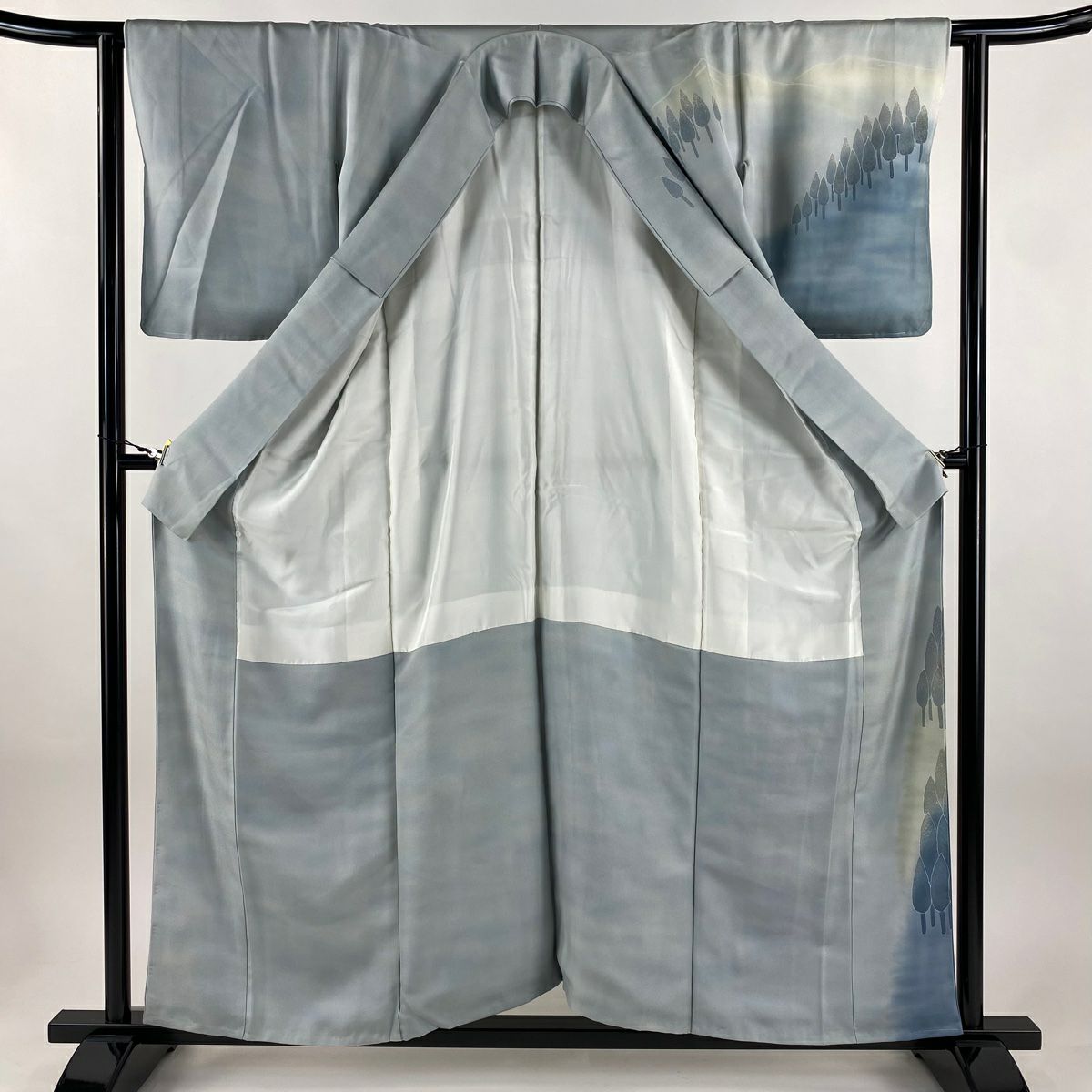 訪問服 身長158cm 袖長62.5cm S 雙層 落款 樹木 金銀彩 漸層 青灰 純蠶絲 優品級