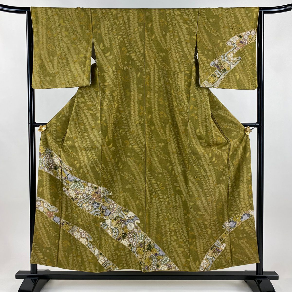 訪問服 身長154.5cm 袖長64cm M 雙層 辻花染圖案 霞 縮緬 鶯 純蠶絲 秀品級