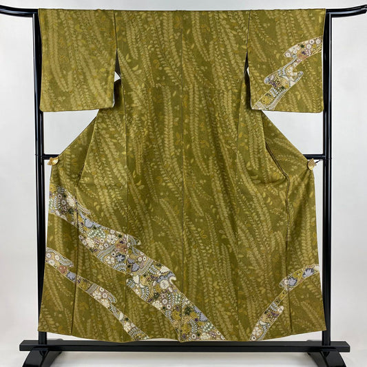 訪問服 身長154.5cm 袖長64cm M 雙層 辻花染圖案 霞 縮緬 鶯 純蠶絲 秀品級