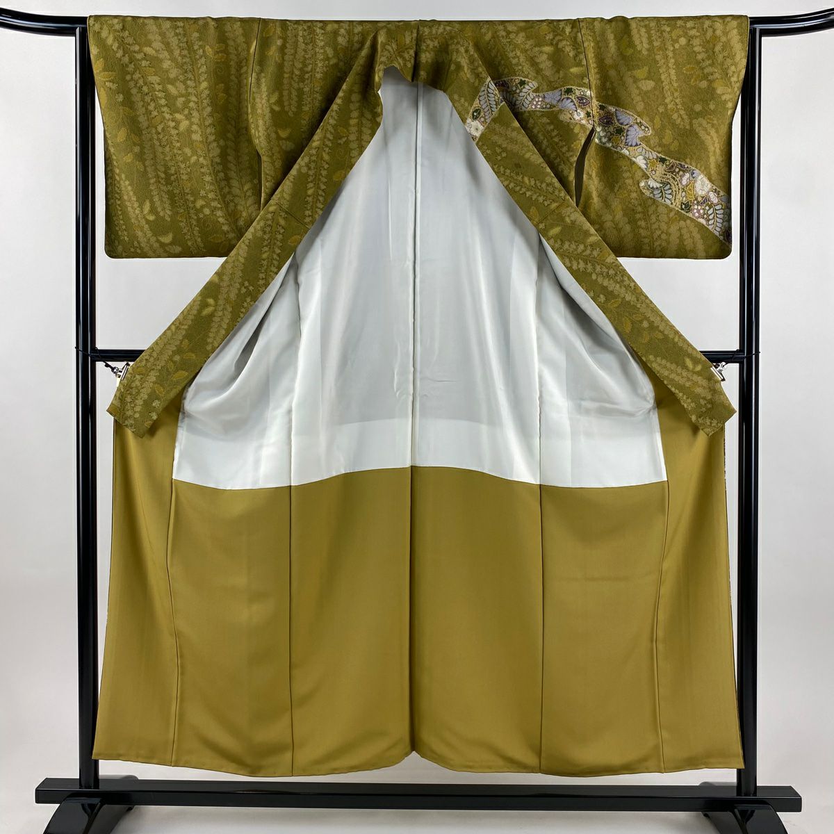 訪問服 身長154.5cm 袖長64cm M 雙層 辻花染圖案 霞 縮緬 鶯 純蠶絲 秀品級