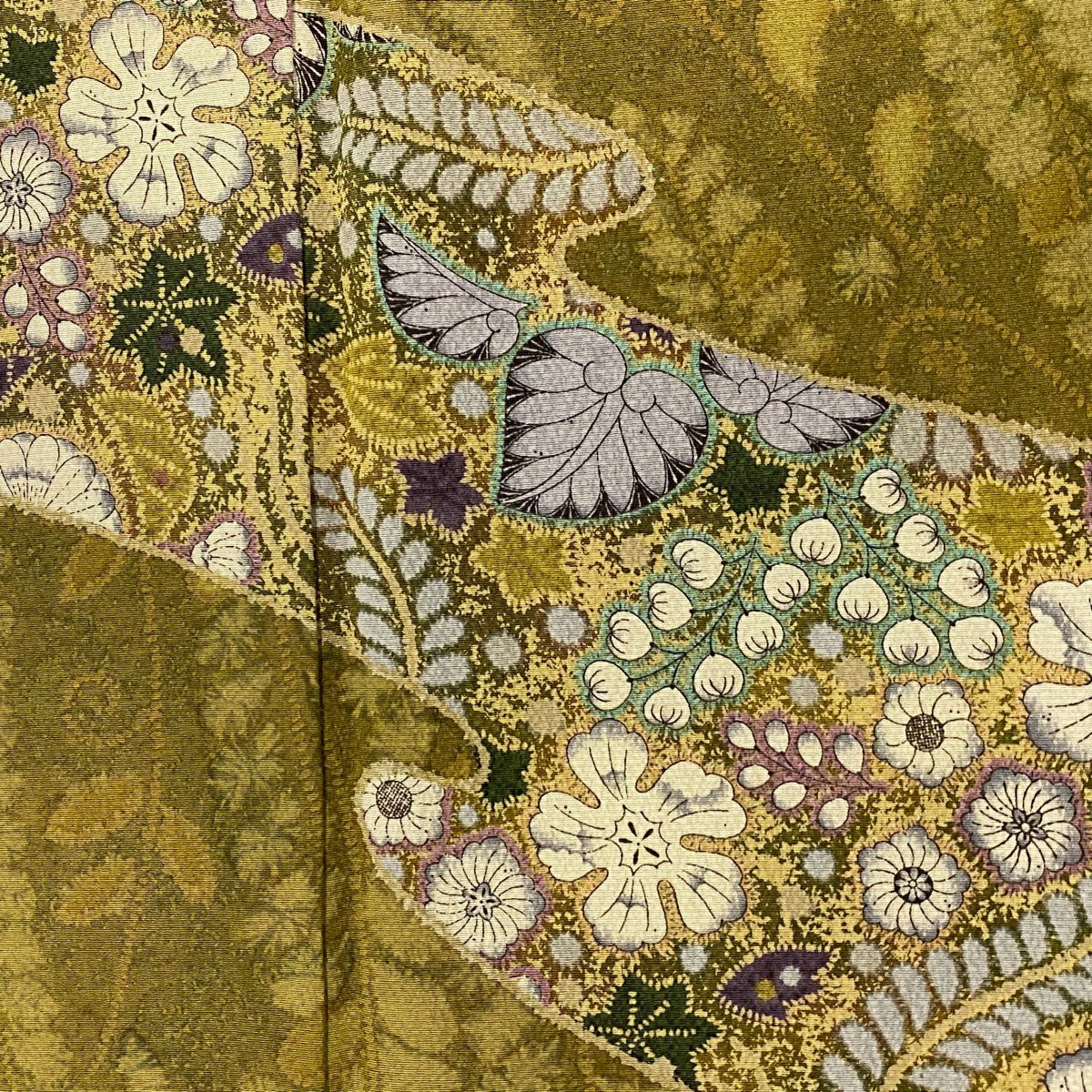 訪問服 身長154.5cm 袖長64cm M 雙層 辻花染圖案 霞 縮緬 鶯 純蠶絲 秀品級