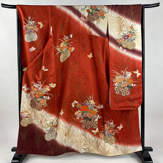 振袖禮服 身長160.5cm 袖長65.5cm M 雙層 菊花 源氏車 金絲 金銀彩 茜 純蠶絲 秀品級