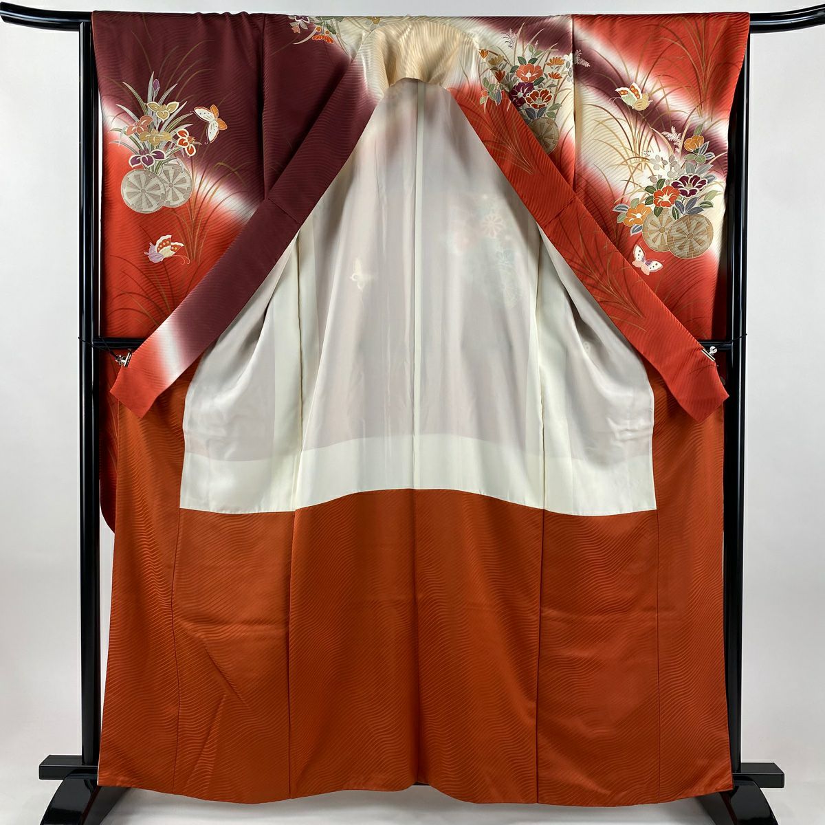 振袖禮服 身長160.5cm 袖長65.5cm M 雙層 菊花 源氏車 金絲 金銀彩 茜 純蠶絲 秀品級
