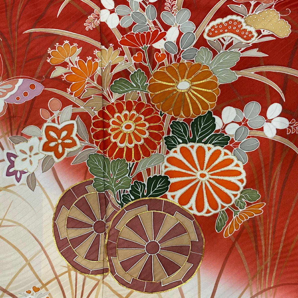 振袖禮服 身長160.5cm 袖長65.5cm M 雙層 菊花 源氏車 金絲 金銀彩 茜 純蠶絲 秀品級