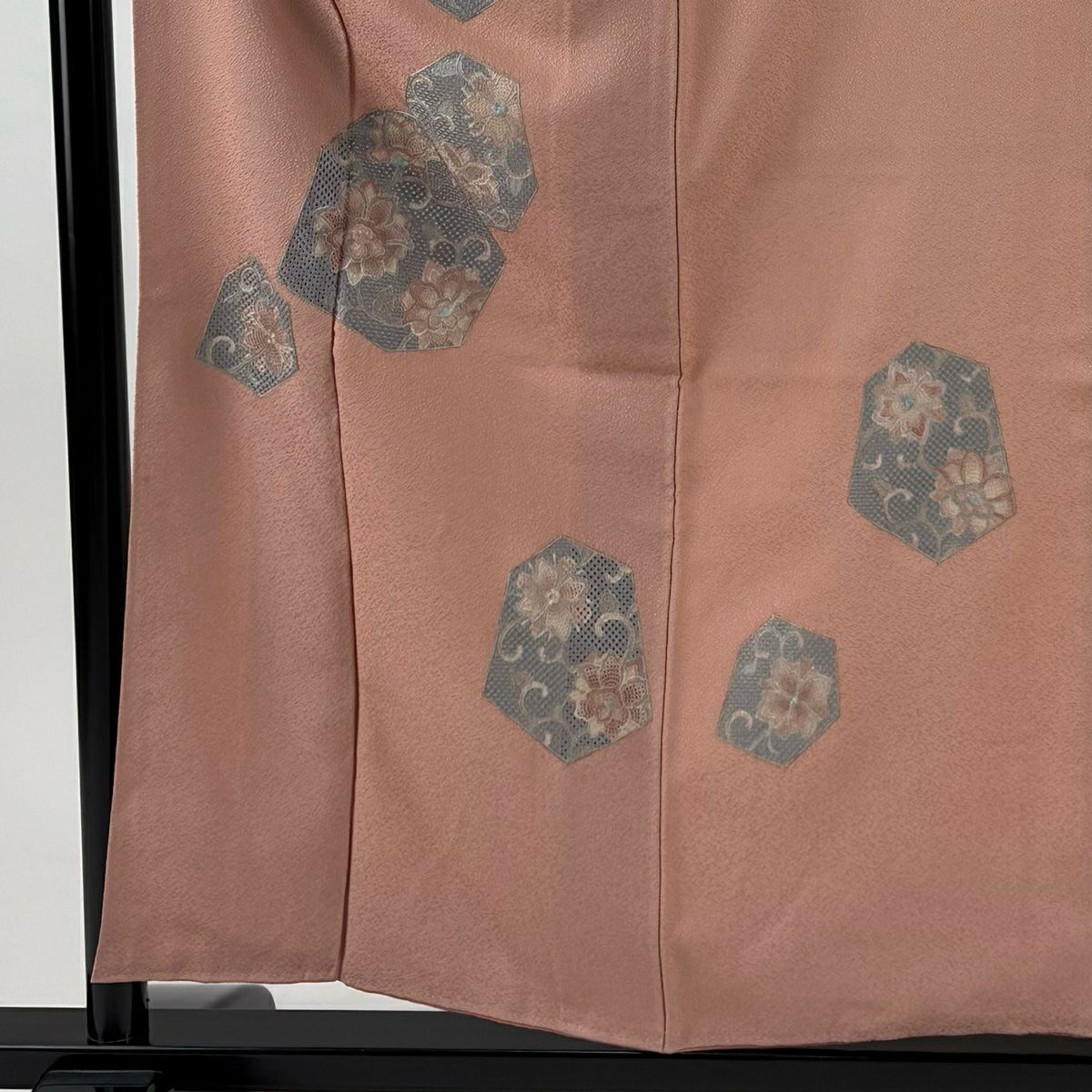 付下 身長155.5cm 袖長63.5cm S 雙層 花唐草紋 刺繡 粉紅 純蠶絲 秀品級 一個紋