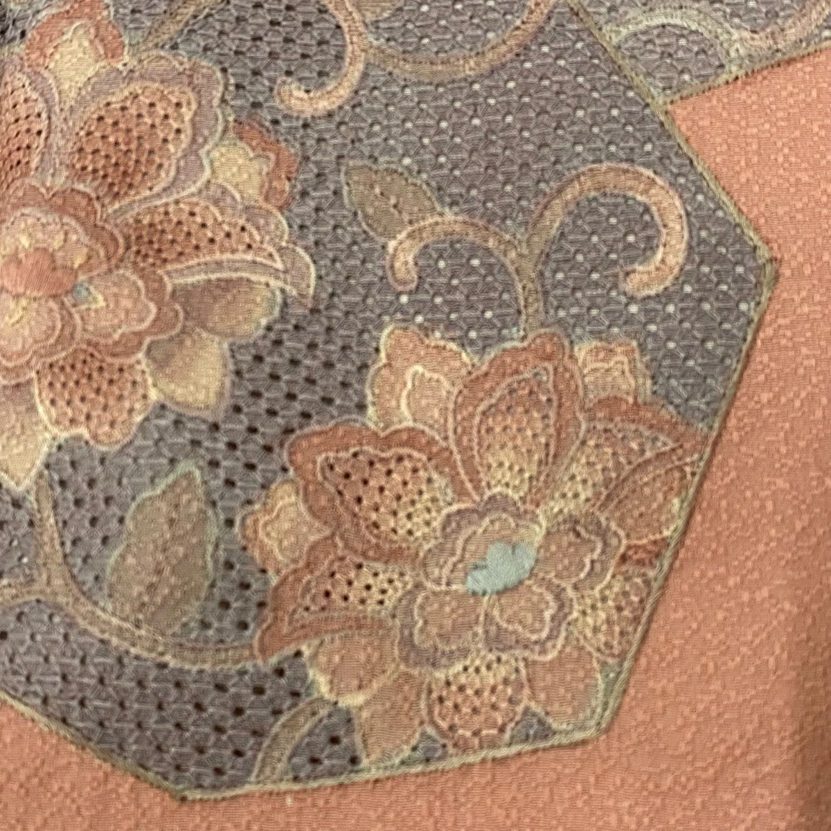 付下 身長155.5cm 袖長63.5cm S 雙層 花唐草紋 刺繡 粉紅 純蠶絲 秀品級 一個紋