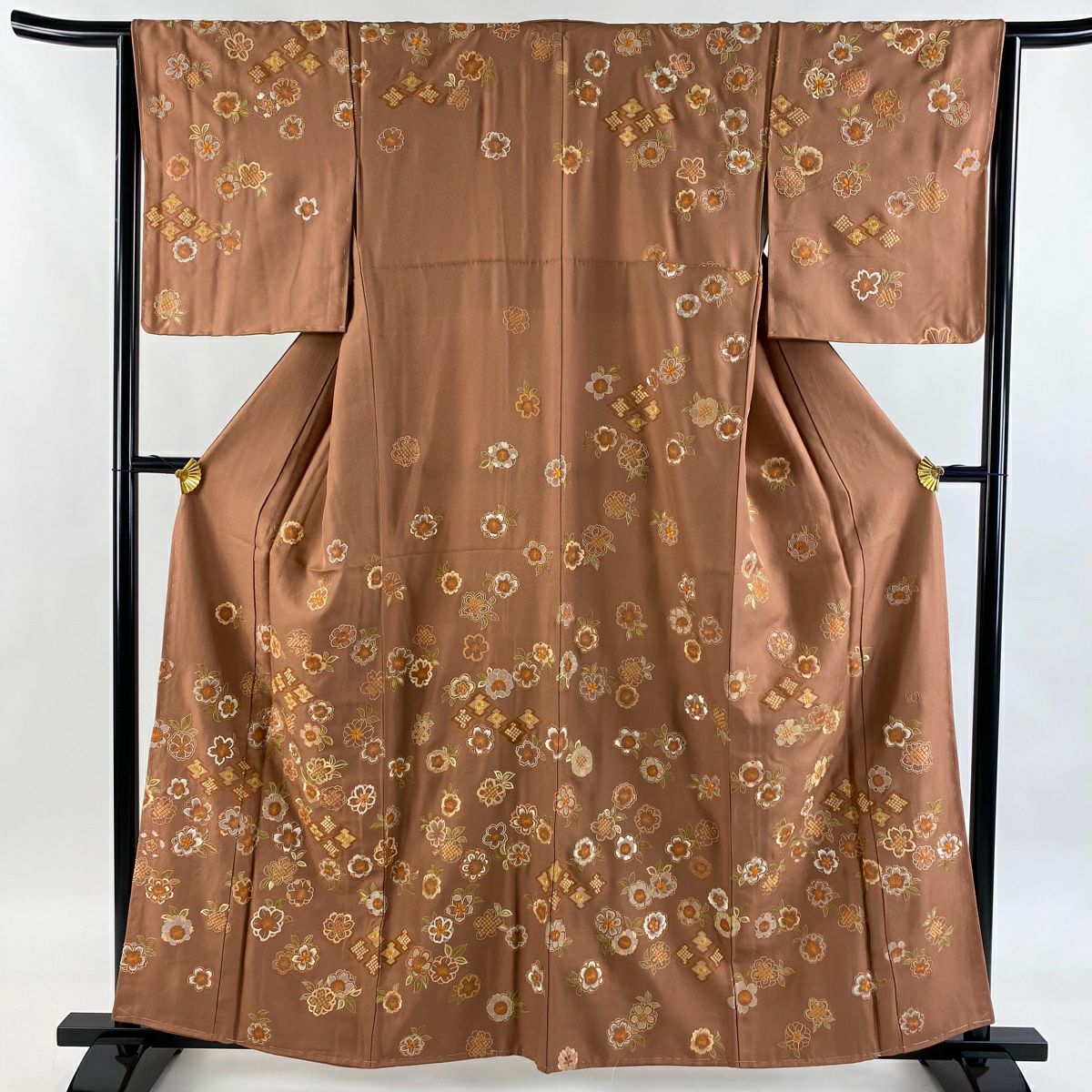 【美品】訪問服 身長160cm 袖長64cm M 雙層 附有落款 樱花 松樹川菱 刺繡 紅茶 純蠶絲 逸品級 一つ紋