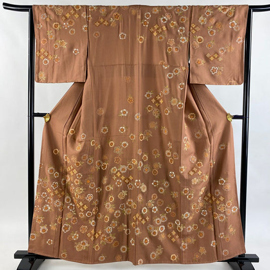 【美品】訪問服 身長160cm 袖長64cm M 雙層 附有落款 樱花 松樹川菱 刺繡 紅茶 純蠶絲 逸品級 一つ紋