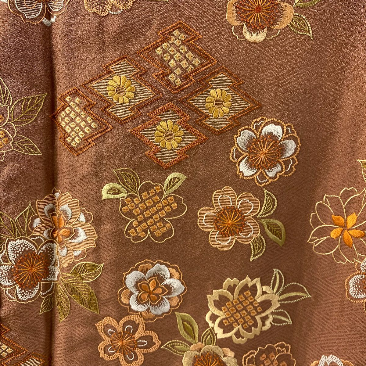 【美品】訪問服 身長160cm 袖長64cm M 雙層 附有落款 樱花 松樹川菱 刺繡 紅茶 純蠶絲 逸品級 一つ紋