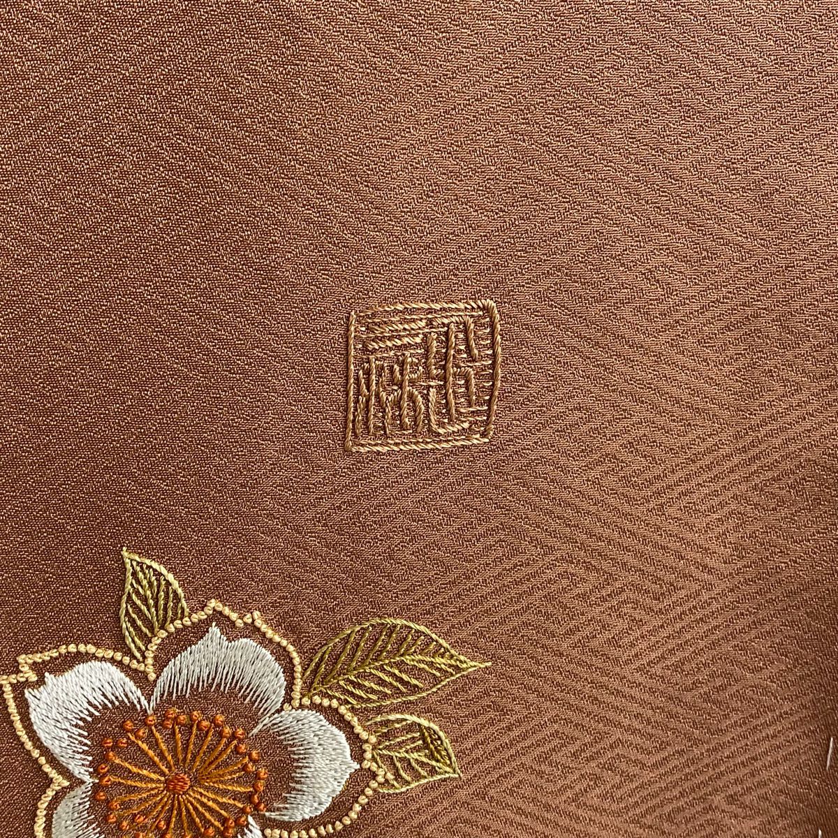 【美品】訪問服 身長160cm 袖長64cm M 雙層 附有落款 樱花 松樹川菱 刺繡 紅茶 純蠶絲 逸品級 一つ紋