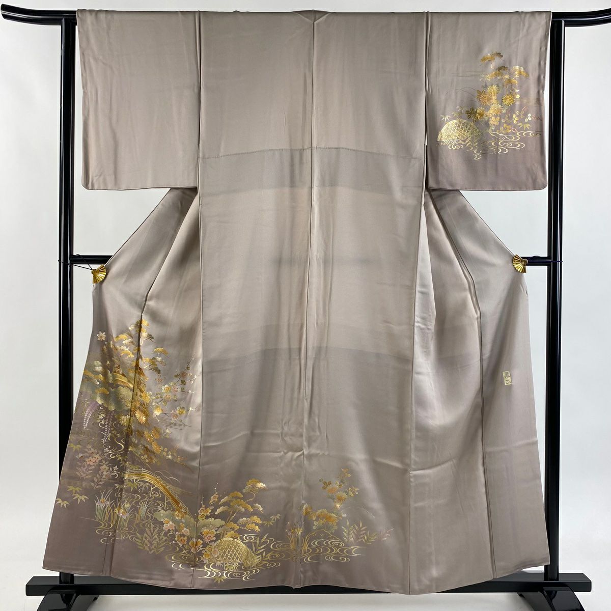 【美品】 付下 身長156cm 袖長63cm S 雙層 和田光正 落款あり 松樹竹子梅花 家屋 金銀彩 螺鈿 薄小豆 純蠶絲 逸品級
