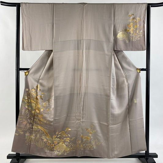 【美品】 付下 身長156cm 袖長63cm S 雙層 和田光正 落款あり 松樹竹子梅花 家屋 金銀彩 螺鈿 薄小豆 純蠶絲 逸品級