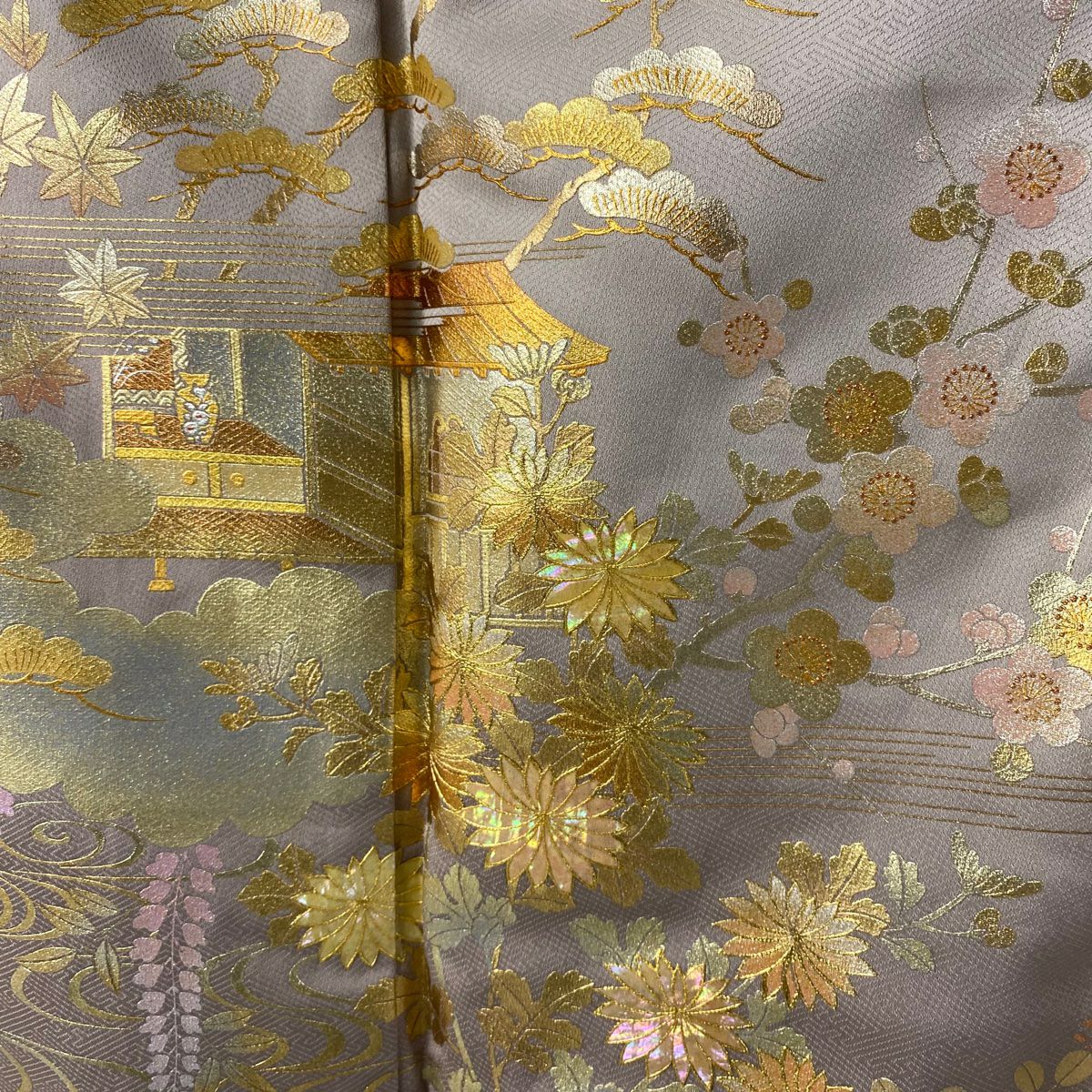 【美品】 付下 身長156cm 袖長63cm S 雙層 和田光正 落款あり 松樹竹子梅花 家屋 金銀彩 螺鈿 薄小豆 純蠶絲 逸品級