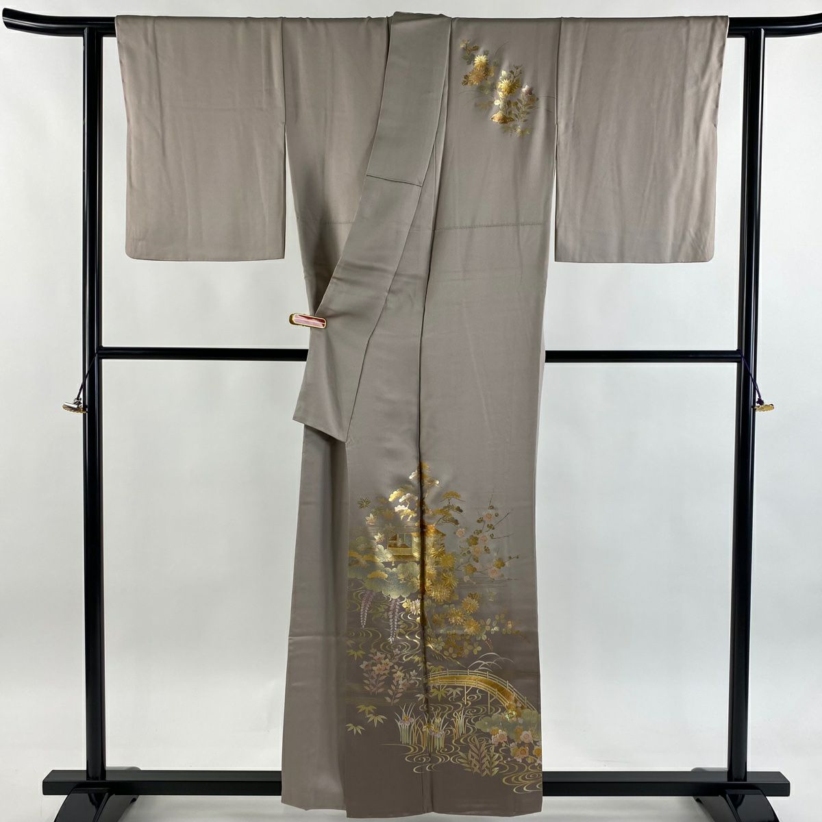 【美品】 付下 身長156cm 袖長63cm S 雙層 和田光正 落款あり 松樹竹子梅花 家屋 金銀彩 螺鈿 薄小豆 純蠶絲 逸品級