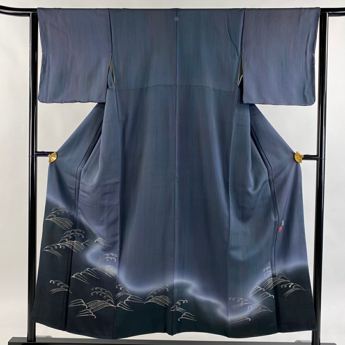 付下 身長151cm 袖長62cm S 雙層 藤林德扇子 落款あり 波 波頭 銀線刺繡 深藍 純蠶絲 逸品級 一つ紋