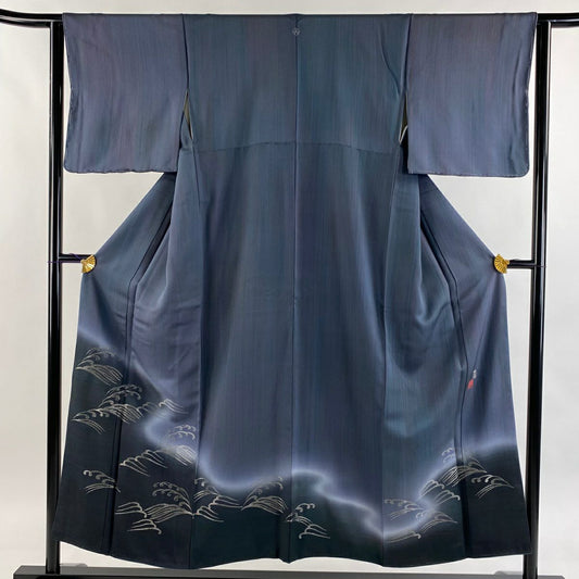 付下 身長151cm 袖長62cm S 雙層 藤林德扇子 落款あり 波 波頭 銀線刺繡 深藍 純蠶絲 逸品級 一つ紋