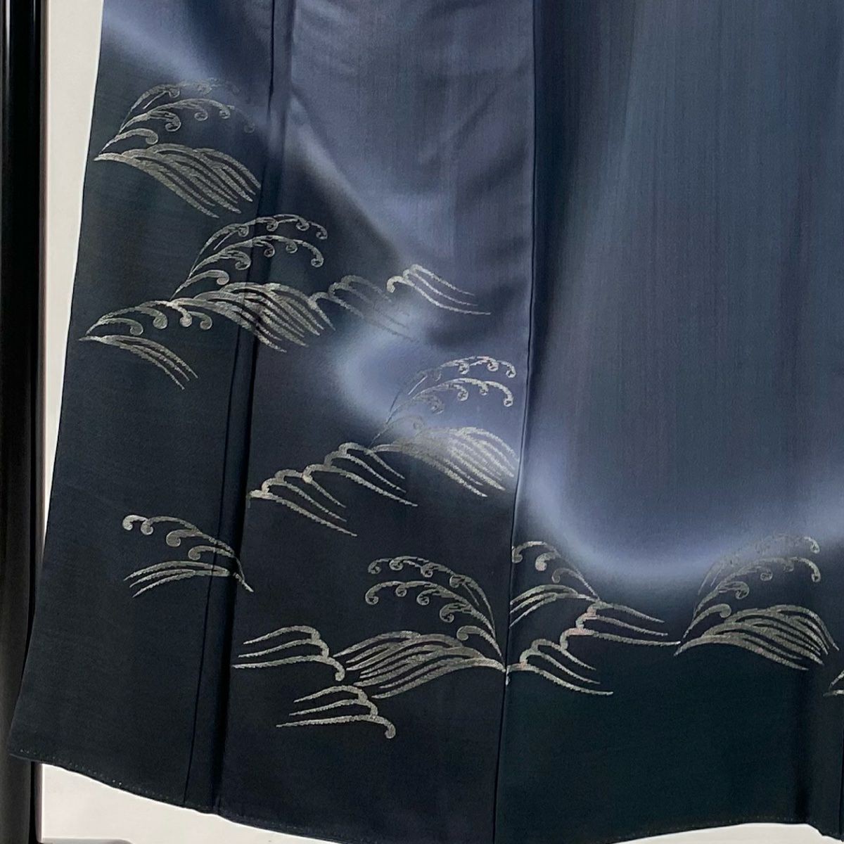 付下 身長151cm 袖長62cm S 雙層 藤林德扇子 落款あり 波 波頭 銀線刺繡 深藍 純蠶絲 逸品級 一つ紋
