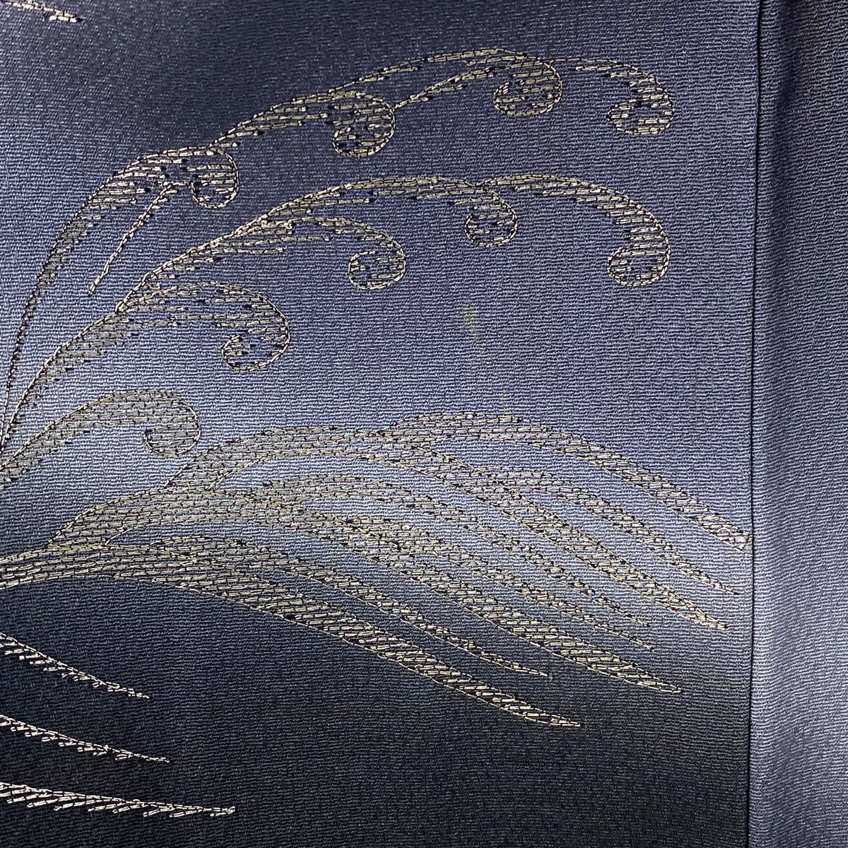 付下 身長151cm 袖長62cm S 雙層 藤林德扇子 落款あり 波 波頭 銀線刺繡 深藍 純蠶絲 逸品級 一つ紋