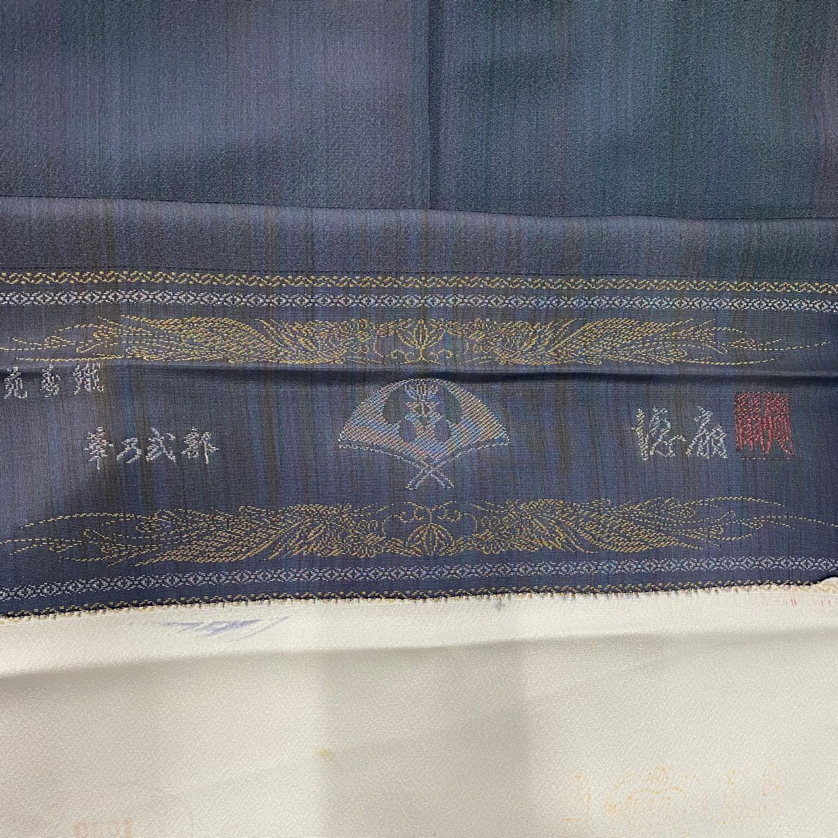 付下 身長151cm 袖長62cm S 雙層 藤林德扇子 落款あり 波 波頭 銀線刺繡 深藍 純蠶絲 逸品級 一つ紋