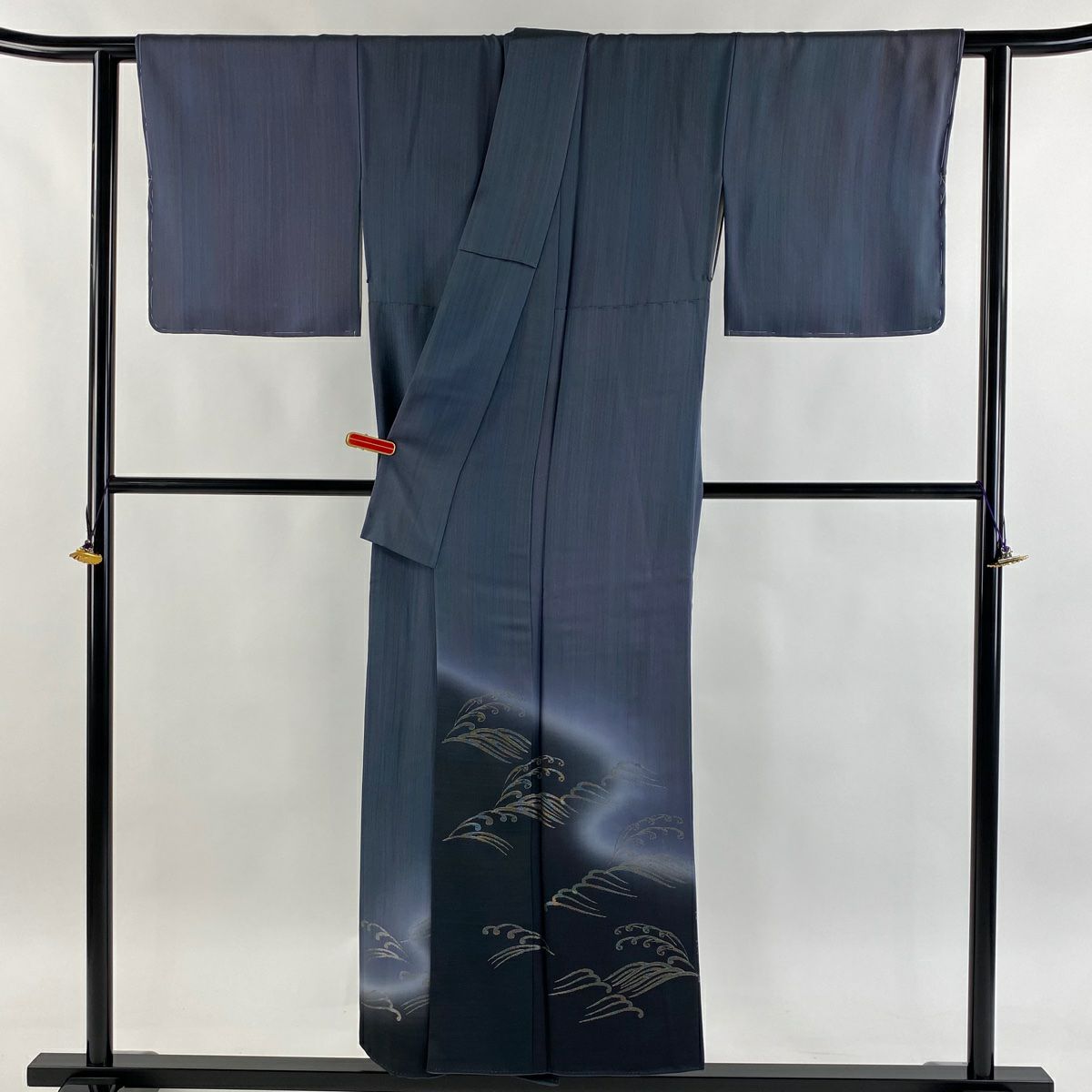 付下 身長151cm 袖長62cm S 雙層 藤林德扇子 落款あり 波 波頭 銀線刺繡 深藍 純蠶絲 逸品級 一つ紋