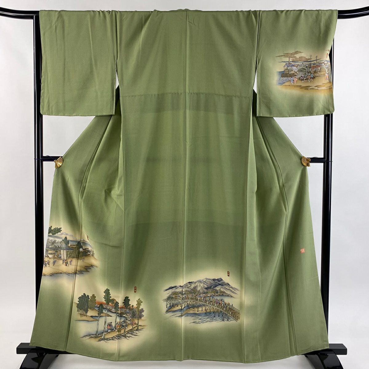 付下 身長161cm 袖長66.5cm M 雙層 落款有 風景 人物 刺繡 金銀彩 艾草綠 純蠶絲 逸品級