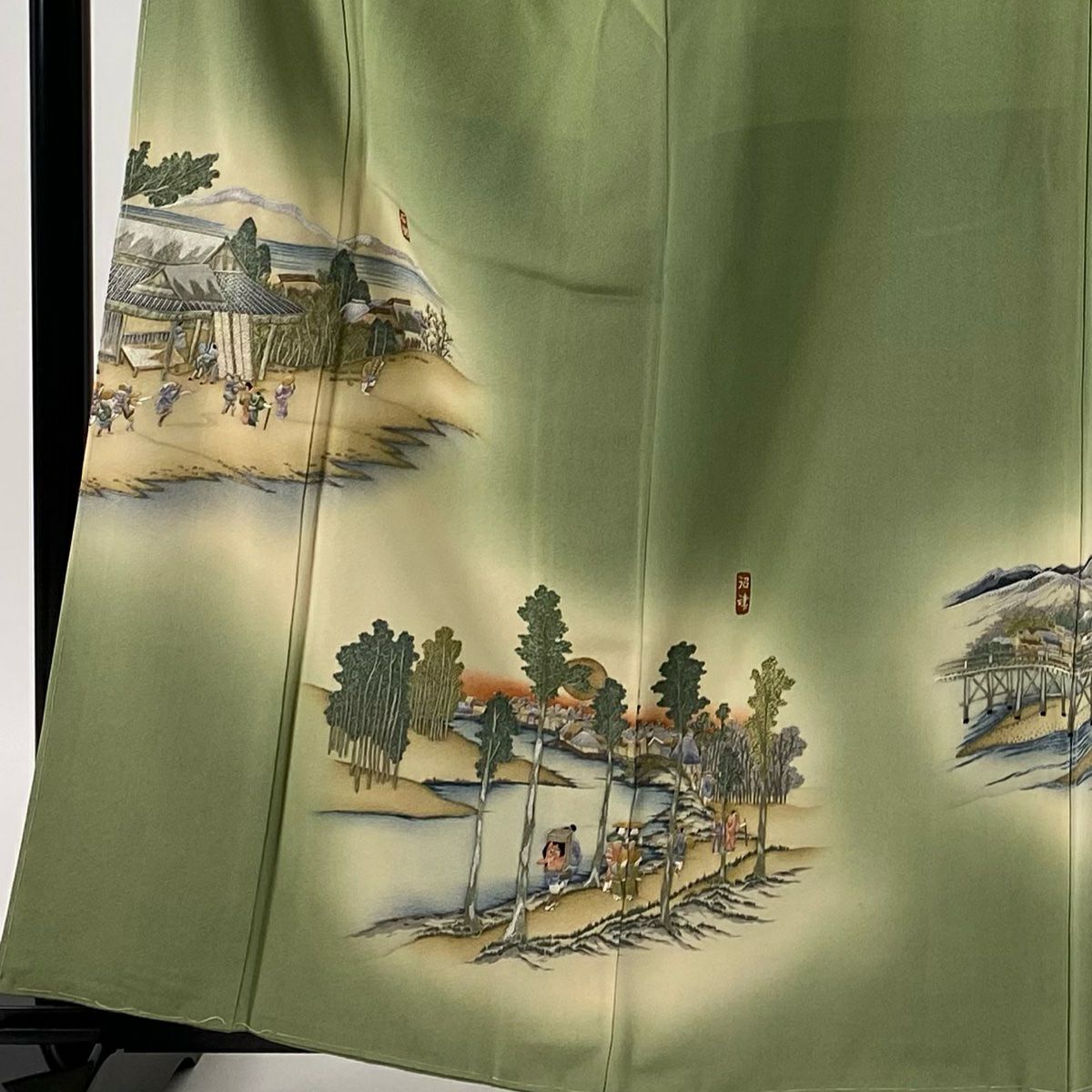 付下 身長161cm 袖長66.5cm M 雙層 落款有 風景 人物 刺繡 金銀彩 艾草綠 純蠶絲 逸品級