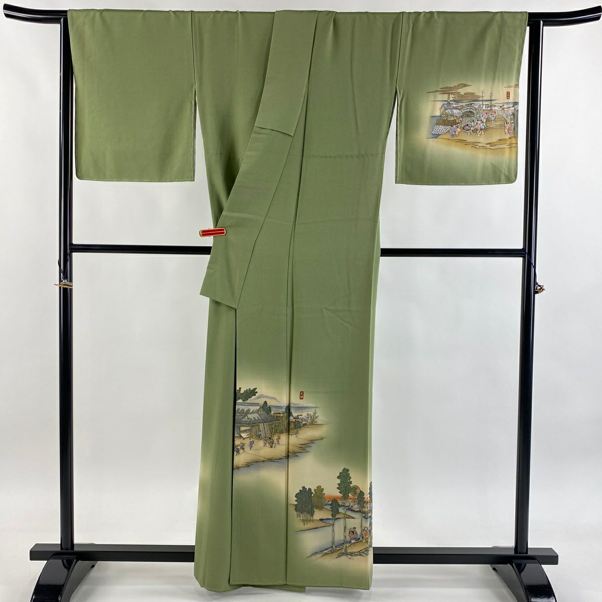 付下 身長161cm 袖長66.5cm M 雙層 落款有 風景 人物 刺繡 金銀彩 艾草綠 純蠶絲 逸品級