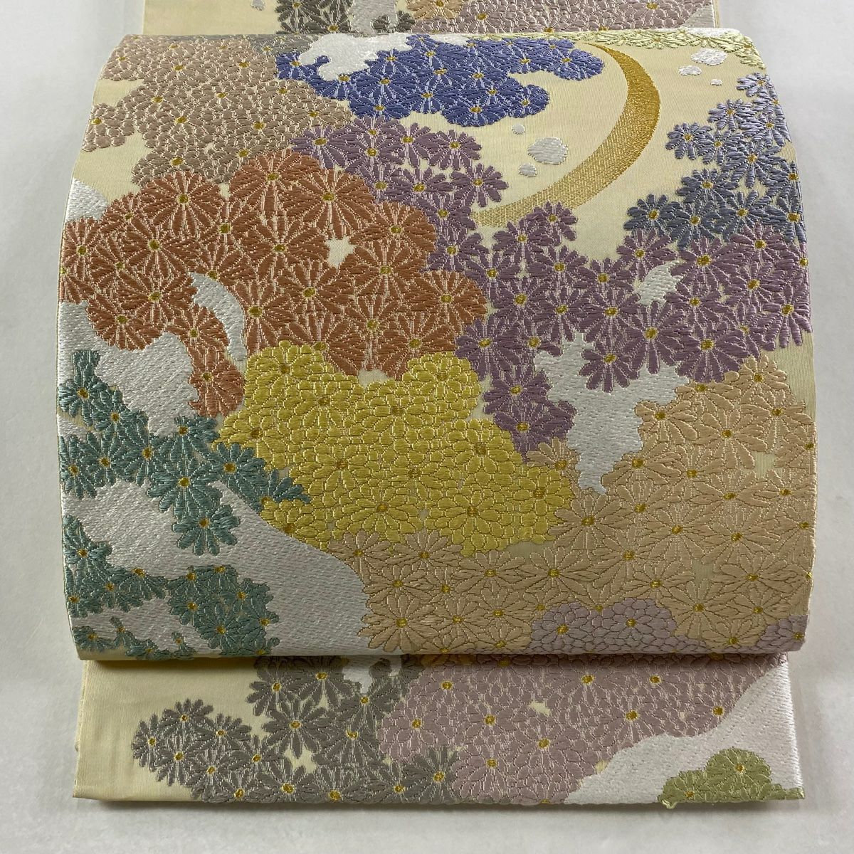 袋帶 逸品級 菊花花 月 金絲 米色 六通 純蠶絲
