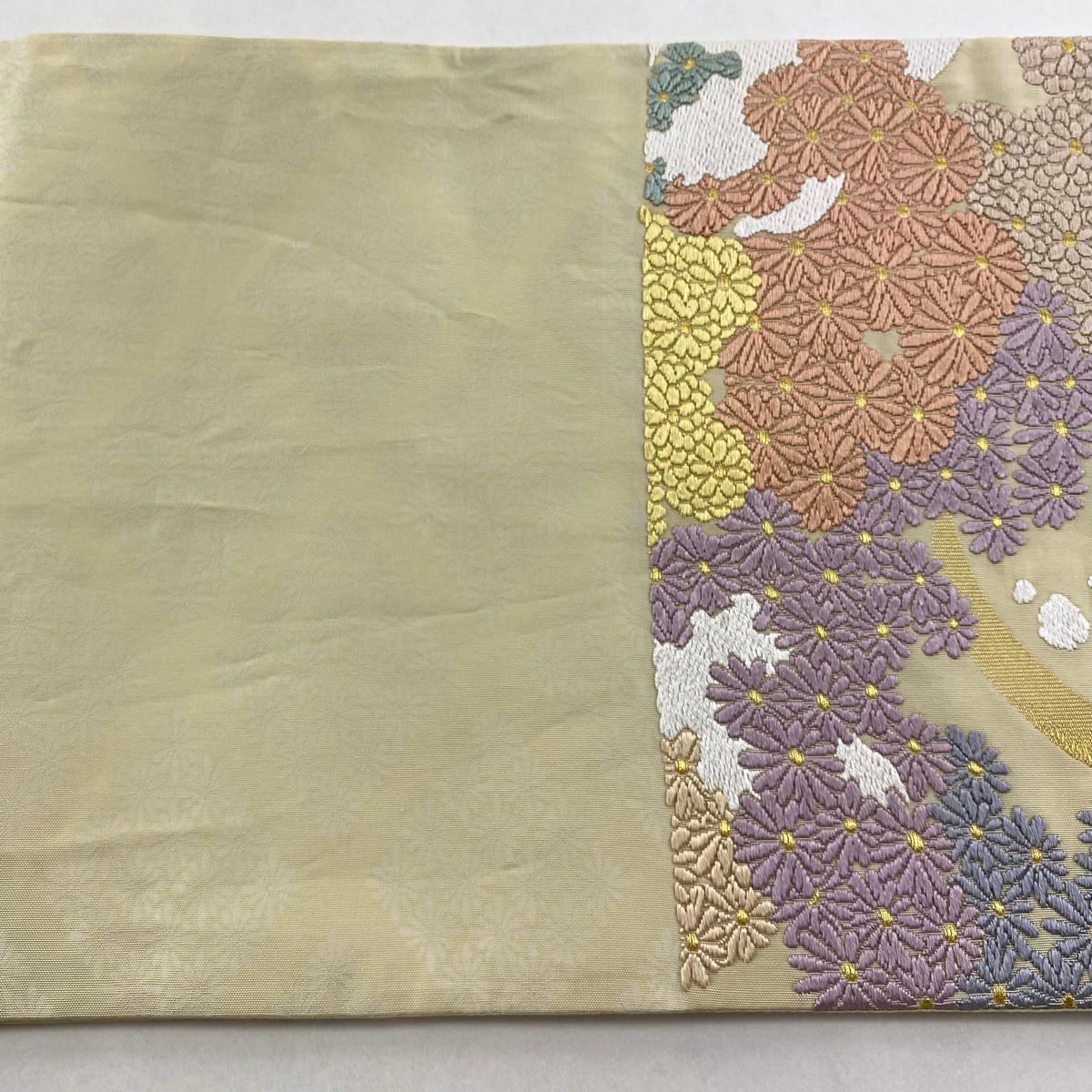 袋帶 逸品級 菊花花 月 金絲 米色 六通 純蠶絲