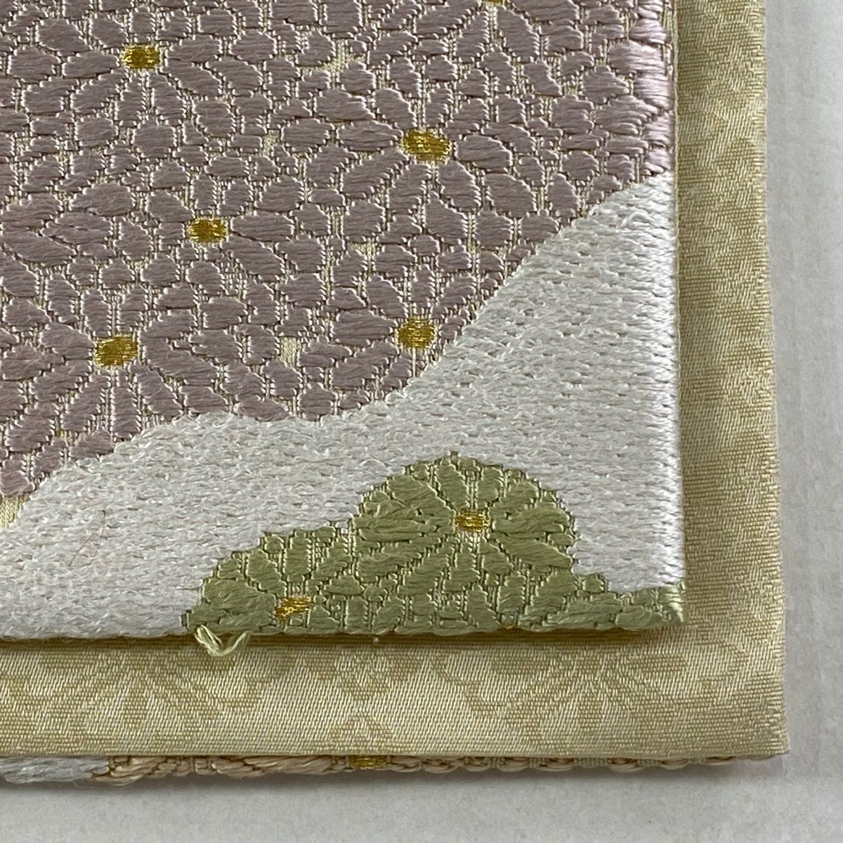 袋帶 逸品級 菊花花 月 金絲 米色 六通 純蠶絲