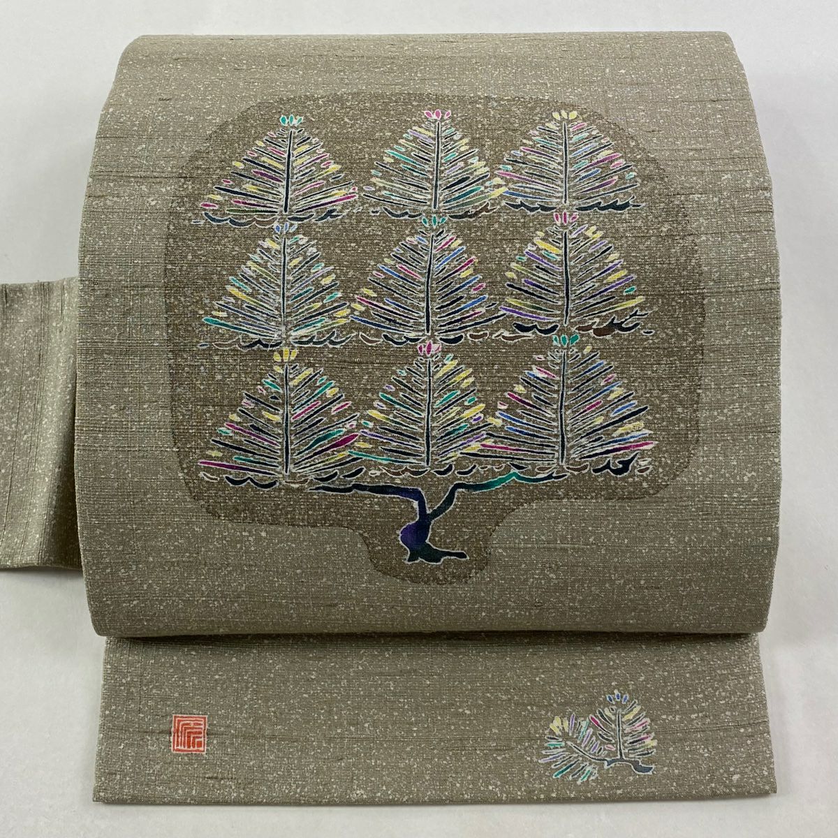 【美品】名古屋帶 逸品級 落款あり 紬織織 松樹 茶 綠 純蠶絲