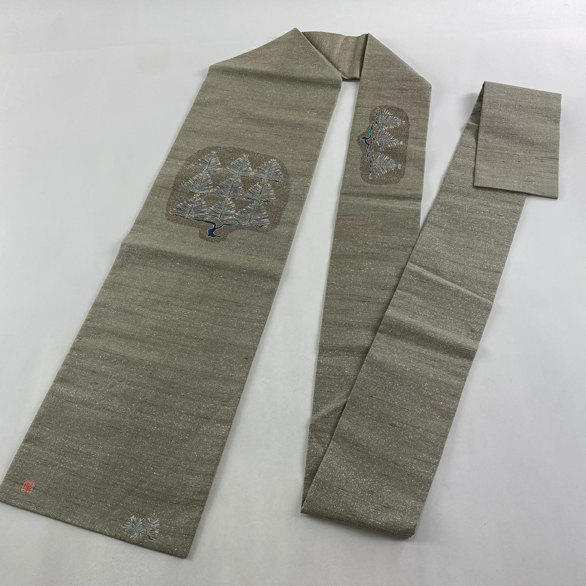 【美品】名古屋帶 逸品級 落款あり 紬織織 松樹 茶 綠 純蠶絲
