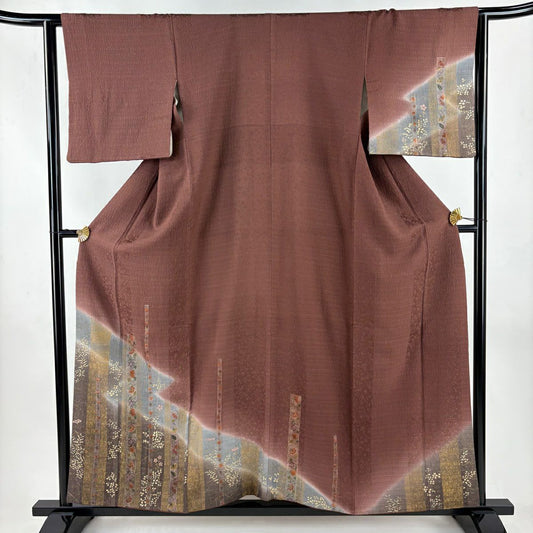 訪問服 身長157cm 袖長63.5cm S 雙層 花唐草紋 刺繡 金彩裝飾 茶紫 純蠶絲 秀品級