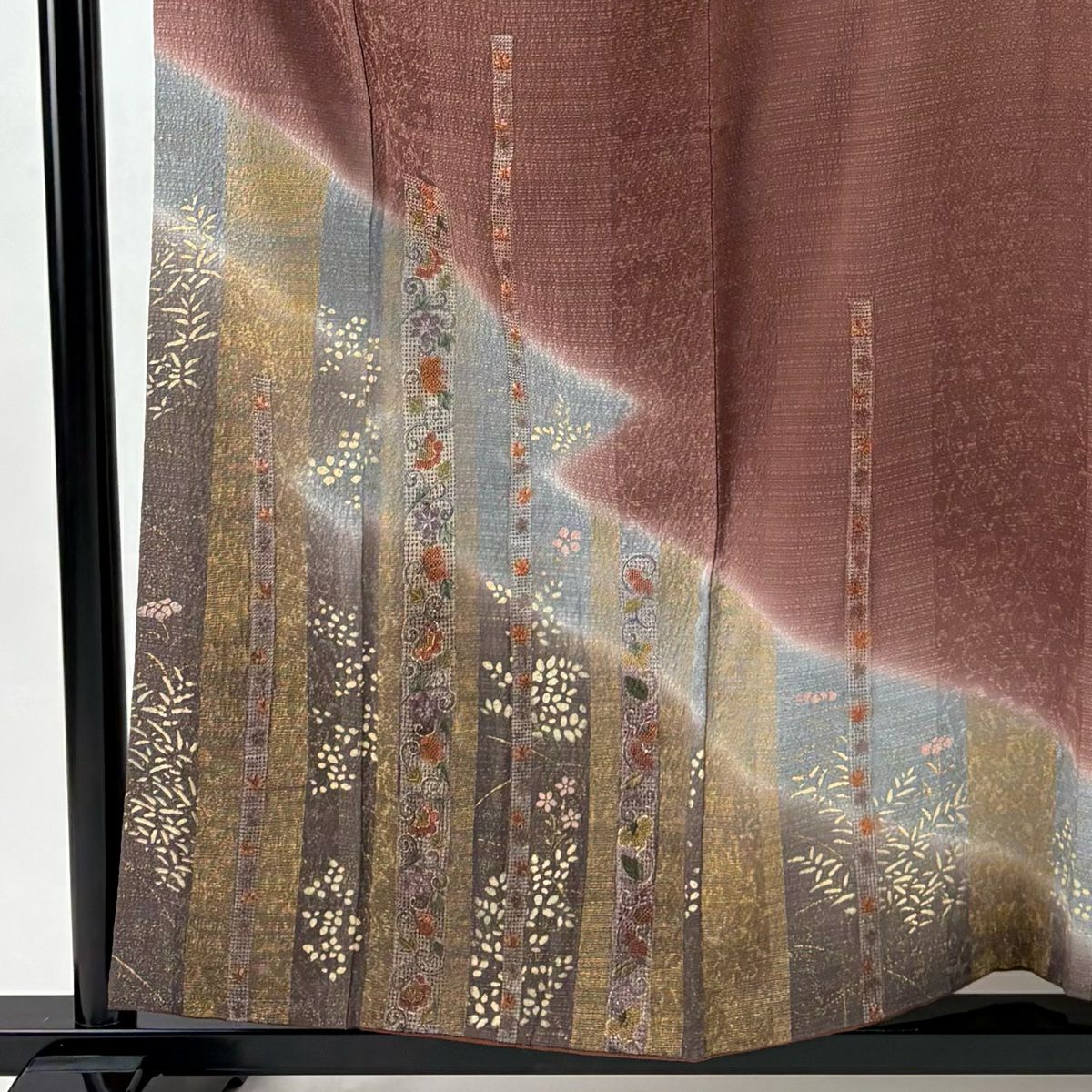 訪問服 身長157cm 袖長63.5cm S 雙層 花唐草紋 刺繡 金彩裝飾 茶紫 純蠶絲 秀品級
