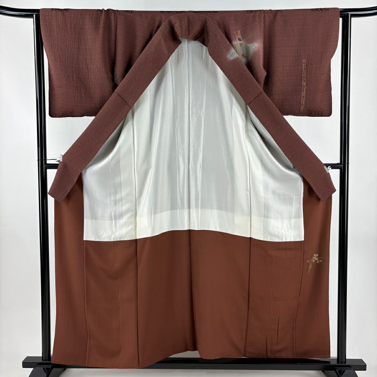 訪問服 身長157cm 袖長63.5cm S 雙層 花唐草紋 刺繡 金彩裝飾 茶紫 純蠶絲 秀品級