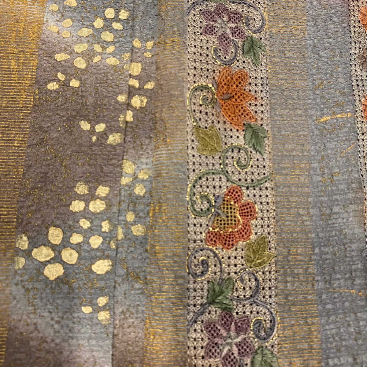 訪問服 身長157cm 袖長63.5cm S 雙層 花唐草紋 刺繡 金彩裝飾 茶紫 純蠶絲 秀品級