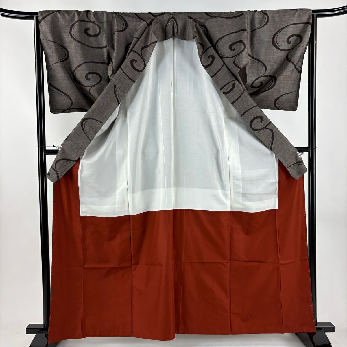 【美品】 紬織 身長163cm 袖長65.5cm M 雙層 流水 焦茶 純蠶絲 秀品級